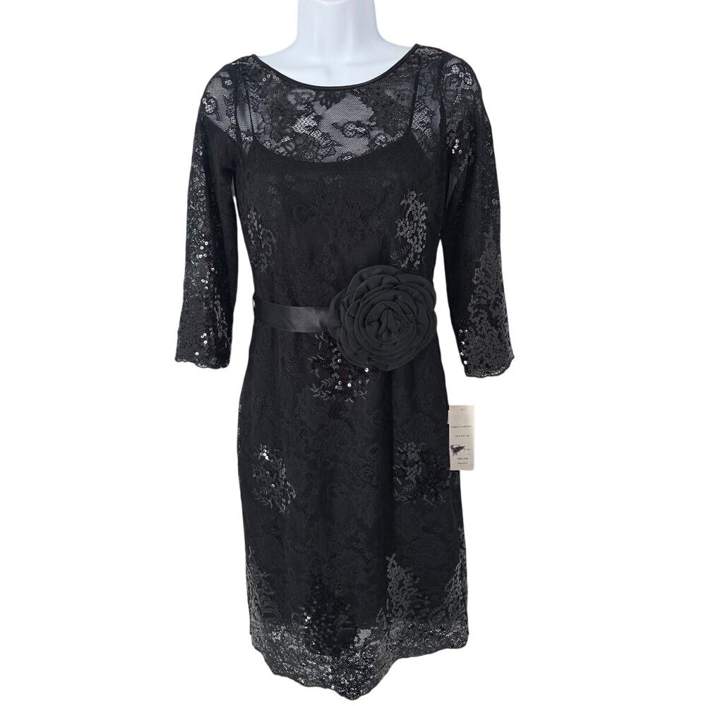 Teri Jon Rickie Freeman Black Lace Sequin Cocktail Dress Rosette Belt NWT Size 2